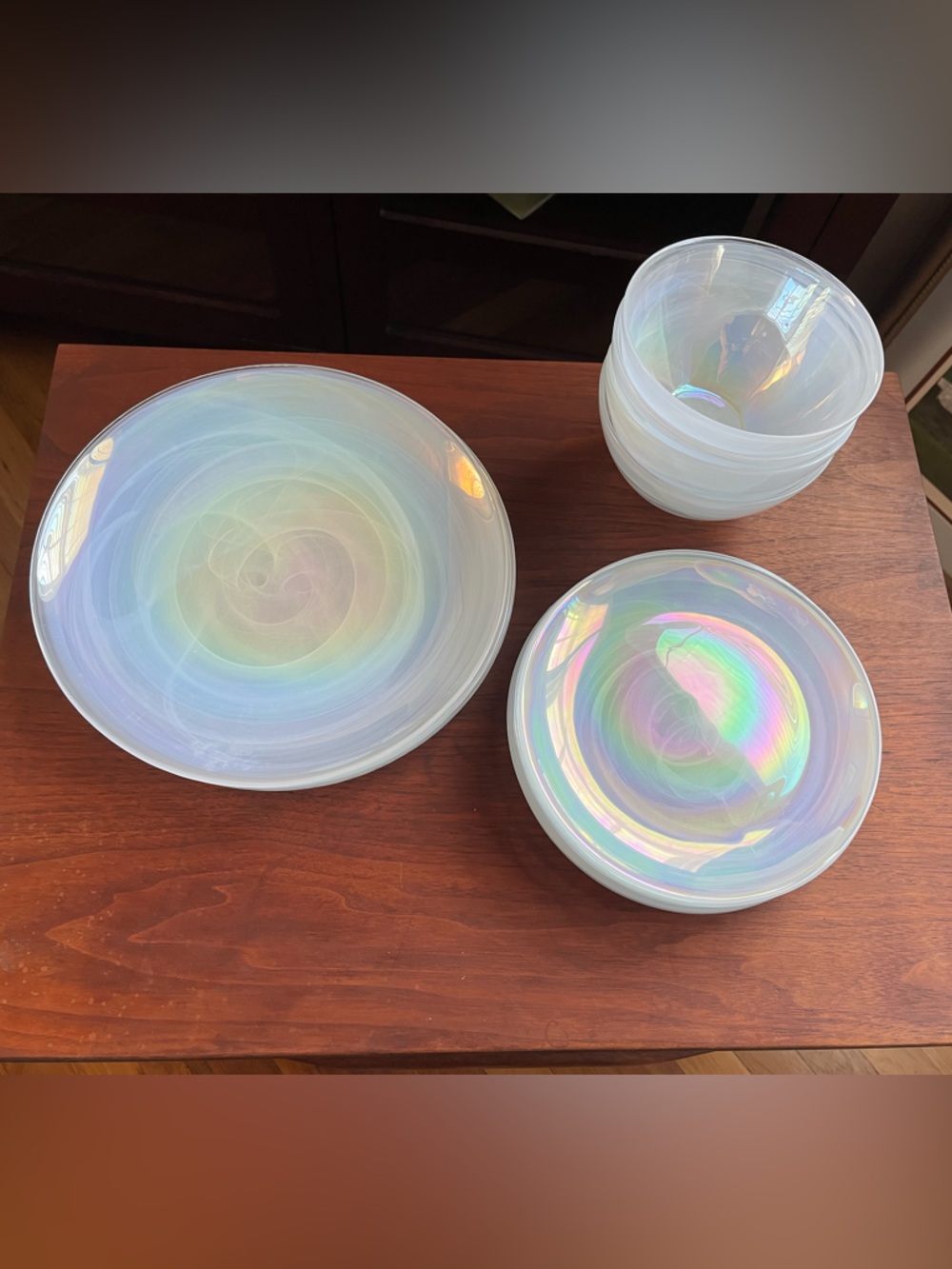 Artistic Accents Irridecent 12 piece/4 place settings set 11”, 8.5”, 6” bowl - Picture 2 of 9